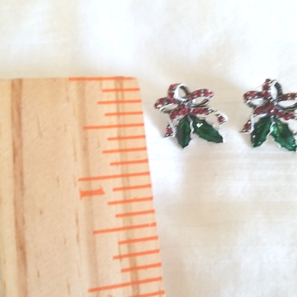 Silver Christmas Holly Bow Rhinestone Earrings - Picture 4 of 4